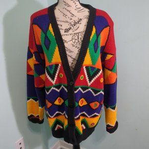 Santoria VTG 90s Colorful Tribal Button Up Oversized Cardigan Sweater medium